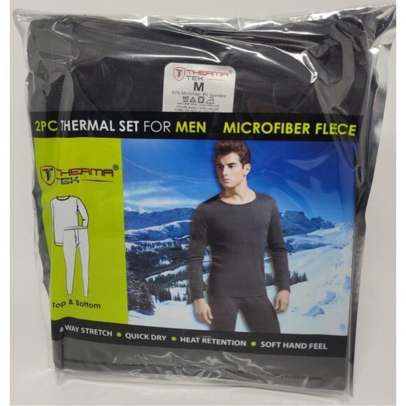 Men's Thermal Long Johns Warm Underwear Set, Microfiber Fleece, Black - Picture 1 of 4